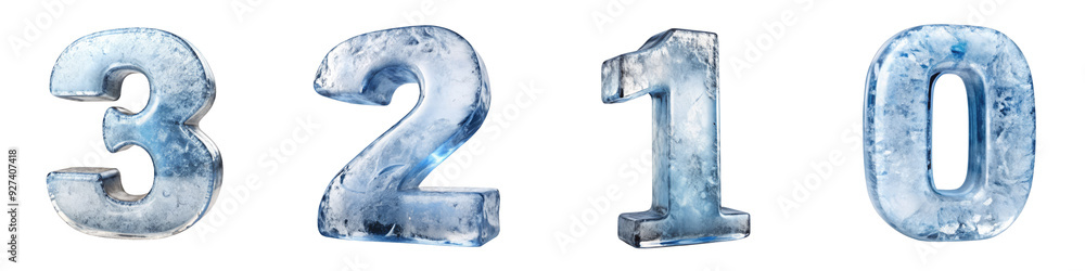 Ice number countdown with numerals 3, 2, 1, and 0 in a frozen icy design on a transparent background Ice number countdown with numerals 3, 2, 1, and 0 in a frozen icy design on a transparent background