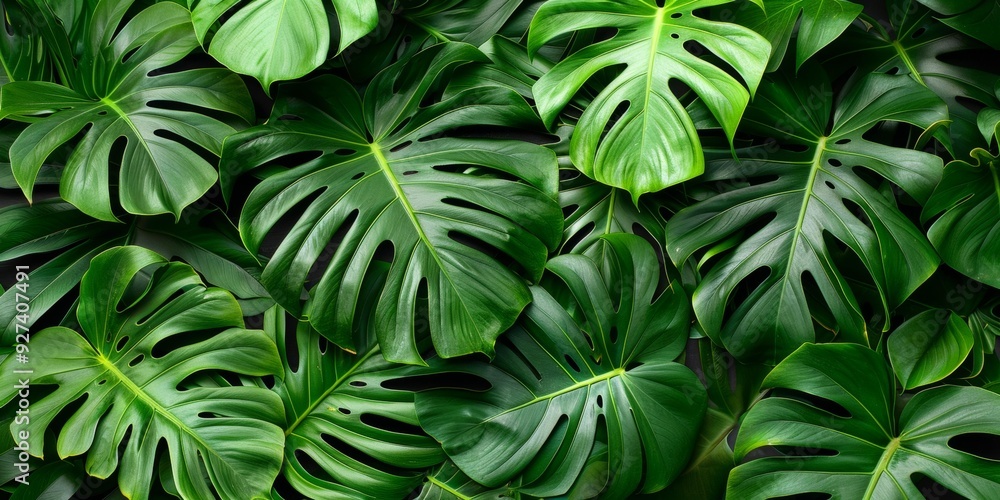 Dense green monstera leaves create a lush background, showcasing various leaf shapes and sizes, ideal for creating a tropical or natural ambiance. Copy space. Dense green monstera leaves create a lush background, showcasing various leaf shapes and sizes, ideal for creating a tropical or natural ambiance. Copy space.