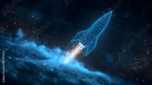 Fototapeta Naklejka Na Ścianę i Meble -  A futuristic rocket soaring through a starry sky, symbolizing innovation and exploration in space travel.