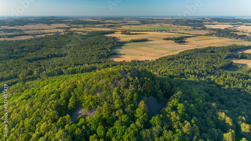 Aerial view of Ostrzyca Proboszczowska, an extinct volcano in Lower Silesia, Poland