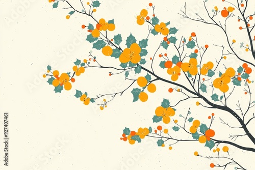 Delicate Yellow Flowers on a Branch with Green Leaves