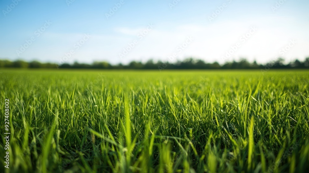 A close-up view of vibrant green grass under a clear blue sky. A close-up view of vibrant green grass under a clear blue sky.