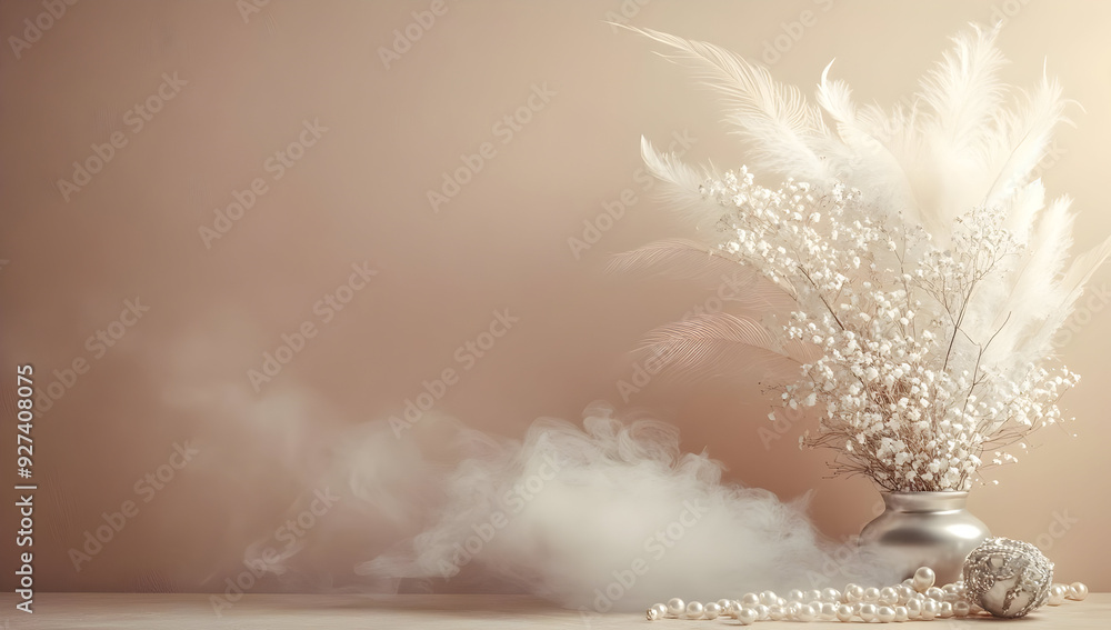A serene arrangement of dried flowers in a vase, complemented by soft smoke and a muted background for a calming decor effect. A serene arrangement of dried flowers in a vase, complemented by soft smoke and a muted background for a calming decor effect.