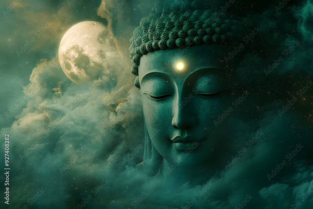 A serene Buddha statue surrounded by mystical clouds and a glowing moon, evoking tranquility and spiritual reflection. A serene Buddha statue surrounded by mystical clouds and a glowing moon, evoking tranquility and spiritual reflection.