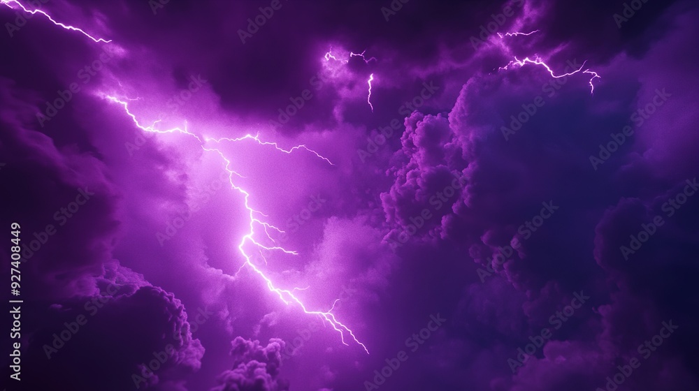 Luminous purple lightning strikes through dark storm clouds at night ...