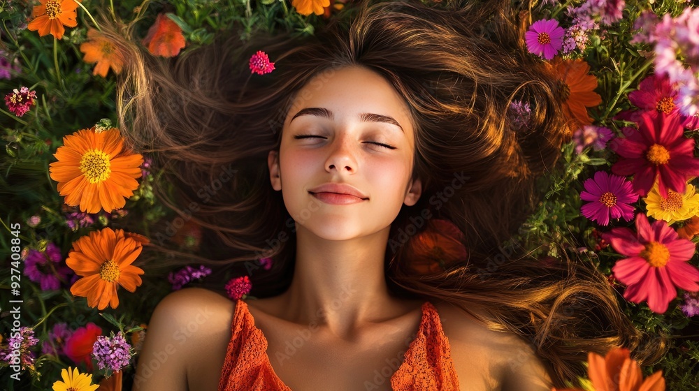 A pretty woman relaxing in a colorful field of blooming flowers, her hair spread out around her in a natural scene. A pretty woman relaxing in a colorful field of blooming flowers, her hair spread out around her in a natural scene.