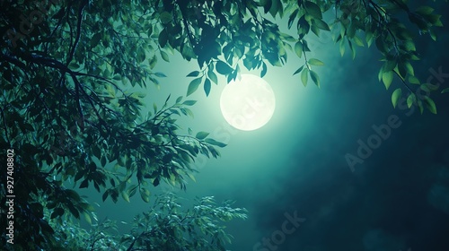 Full moon illuminated by tree branches at night in a serene forest setting photo