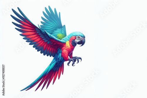 Illustration of a flying multi-colored parrot on a white background. Space for text.