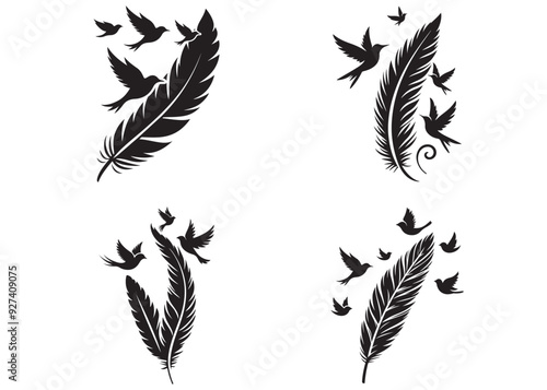 vector silhouette of a feathers with flying birds, feather with birds silhouette, birds flying feather, feather with birds clipart, hand drawn feather set