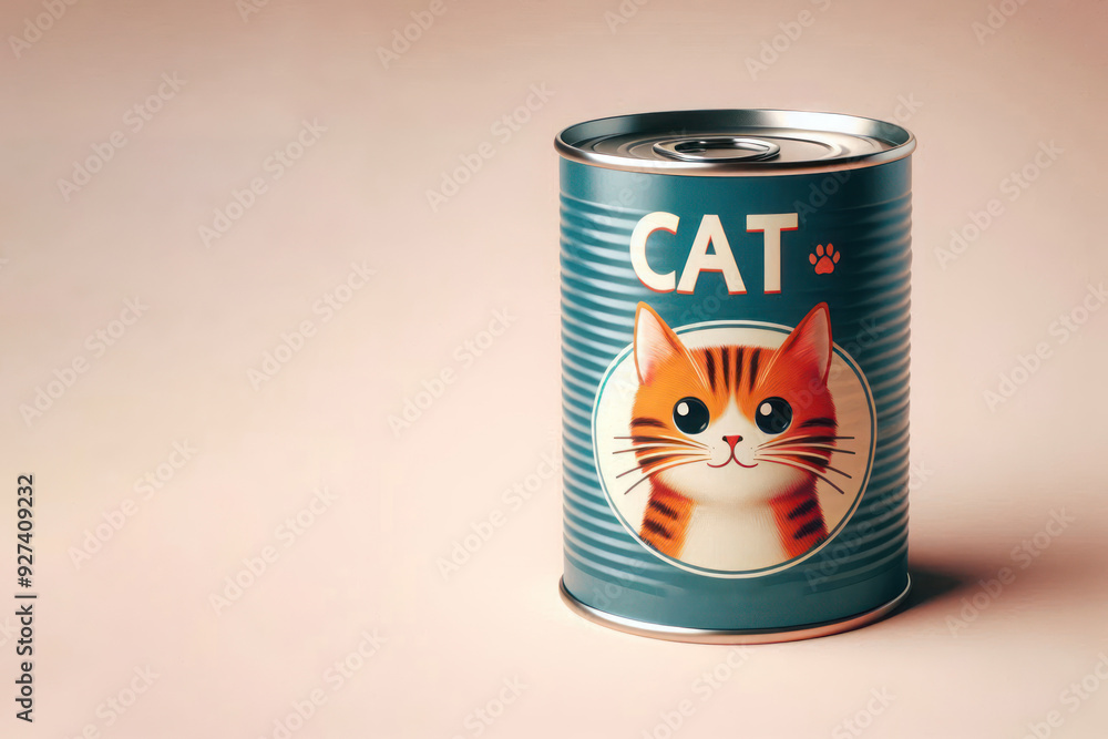 A can of cat food with the image of a cat. Space for text.