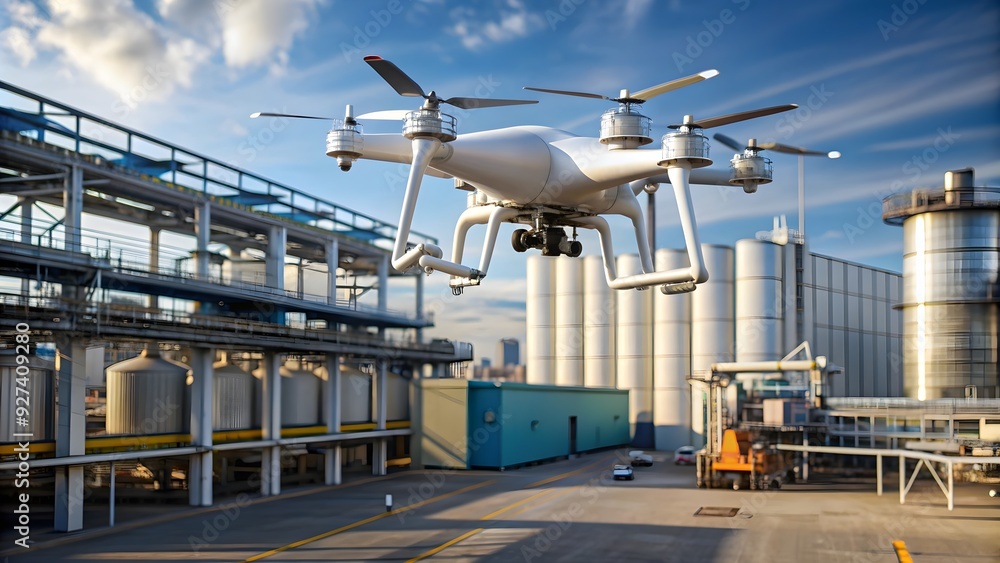 Surveillance drone monitoring an industrial facility, drone, monitoring, surveillance, industrial, facility, technology Surveillance drone monitoring an industrial facility, drone, monitoring, surveillance, industrial, facility, technology