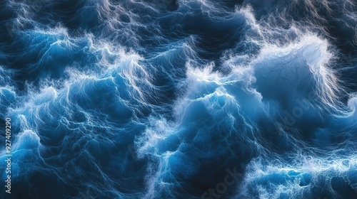 Dynamic blue ocean waves crashing in turbulent motion during a stormy night