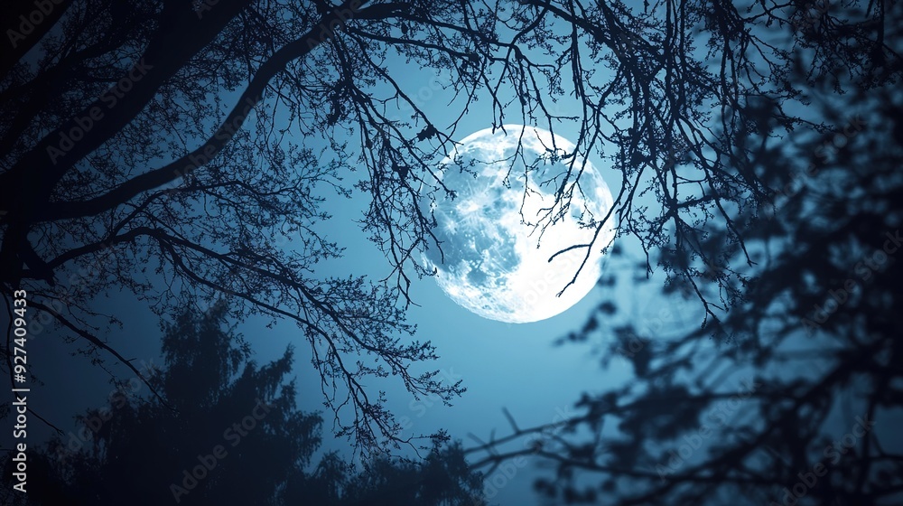 Full moon illuminating a tree-lined night sky Full moon illuminating a tree-lined night sky