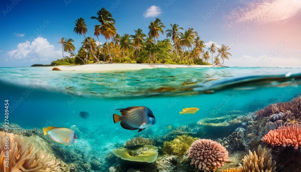 Vibrant Coral Reef Beneath Crystal Clear Ocean Surface Near Tropical Island Paradise Vibrant Coral Reef Beneath Crystal Clear Ocean Surface Near Tropical Island Paradise