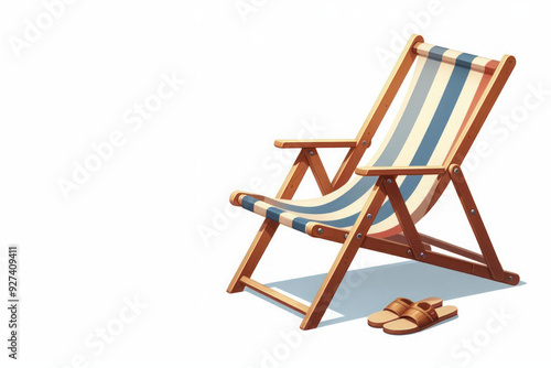 Beach lounger with slippers on a light background. Space for text.