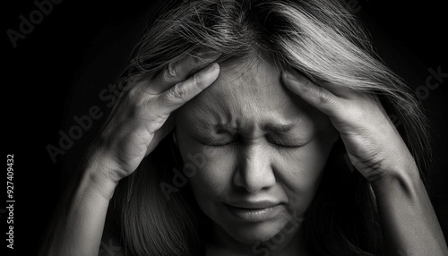 Person holding their head in discomfort, symbolizing illness, pain, and medical concern.