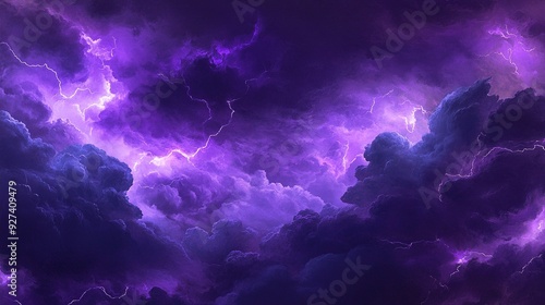 Dramatic purple storm clouds illuminated by lightning over a dark sky at night