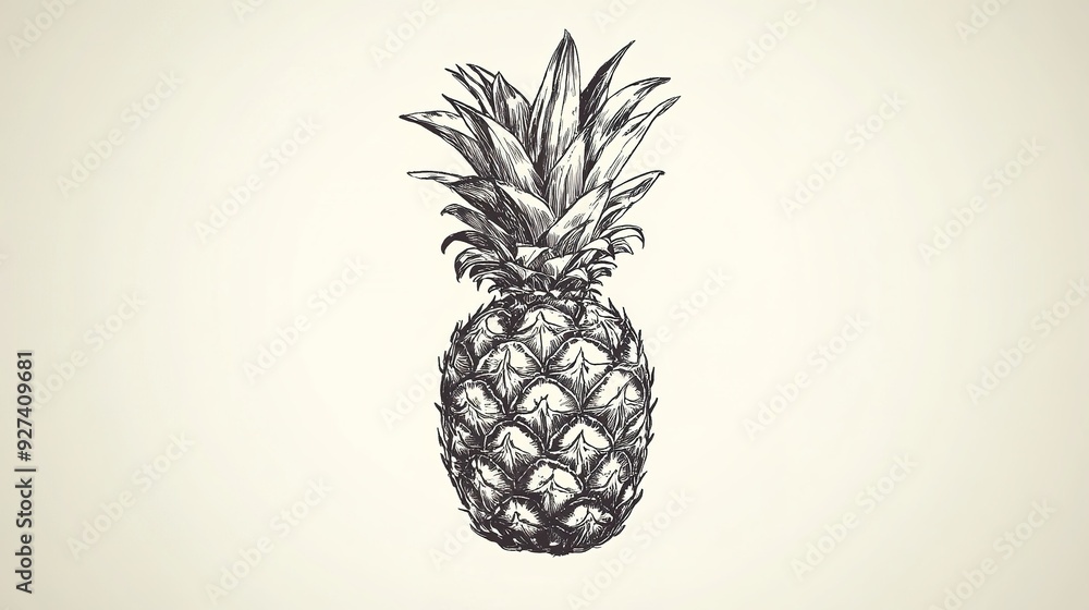 Detailed black and white illustration of a pineapple on a neutral background Detailed black and white illustration of a pineapple on a neutral background