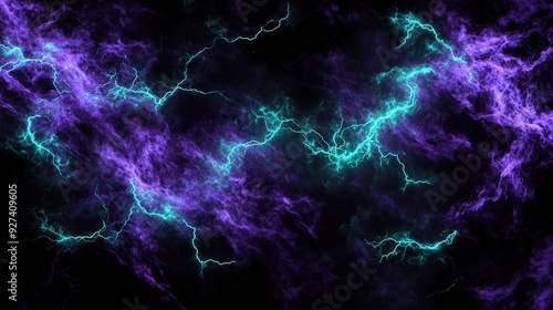 Electric purple and teal lightning strikes across a dark sky, creating a stunning visual display of natural energy