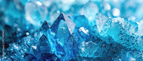 Closeup of blue glass-like crystals, macro detail, sparkling effect. photo