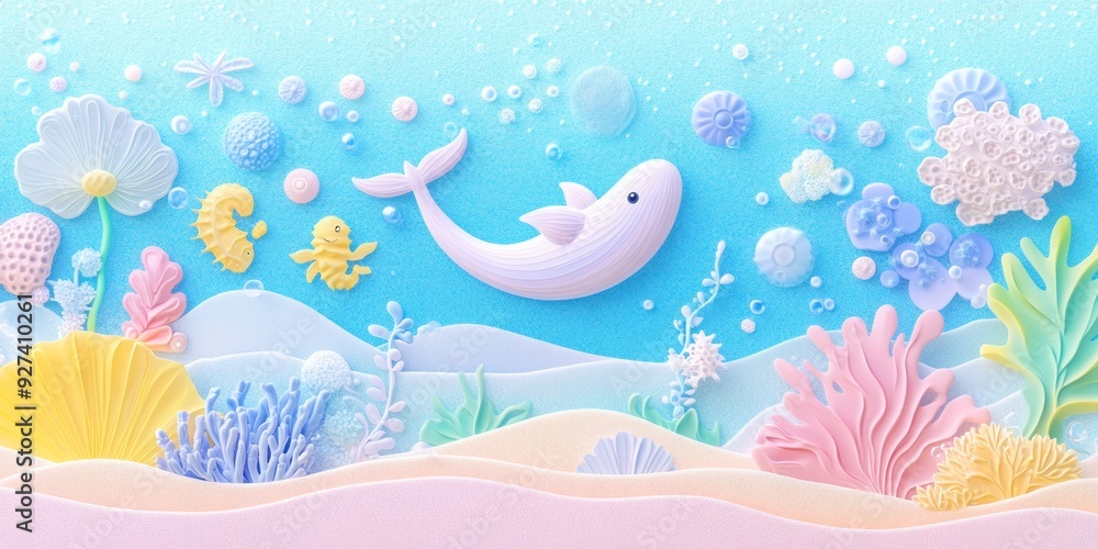 A Vivid Underwater Universe Collage with 3D Space Elements, Whales Spouting Flowers, Corals, Seaweed, and Sea Creatures in Diverse Light Hues A Vivid Underwater Universe Collage with 3D Space Elements, Whales Spouting Flowers, Corals, Seaweed, and Sea Creatures in Diverse Light Hues