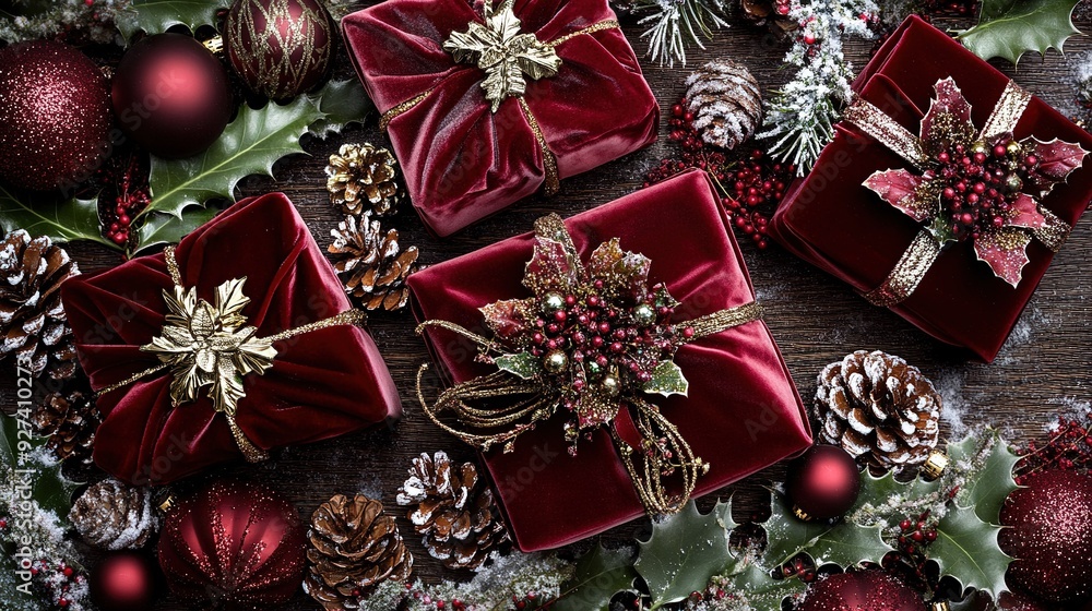 Beautifully wrapped Christmas gifts with holiday decorations on a wooden surface Beautifully wrapped Christmas gifts with holiday decorations on a wooden surface