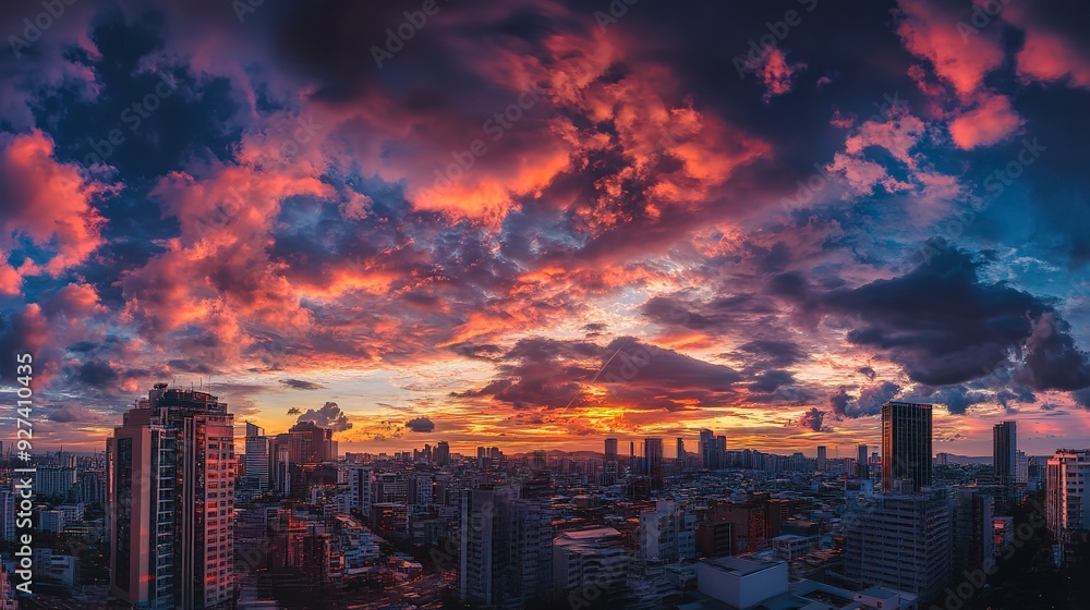 Obraz premium Cloudy sunset in city