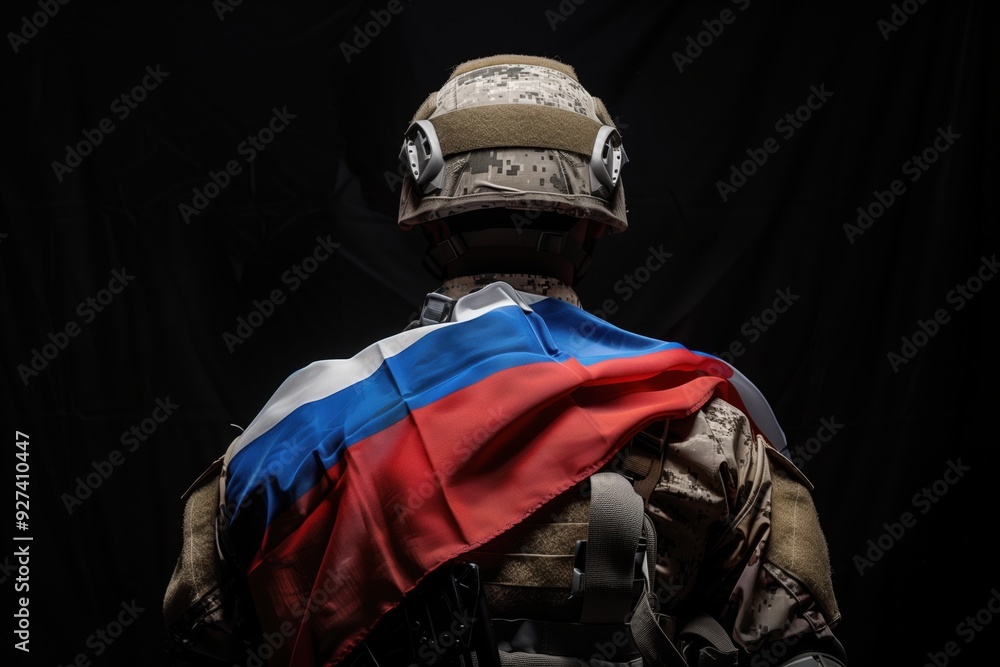 Obraz premium a military man in a helmet and full gear, with a Russian flag