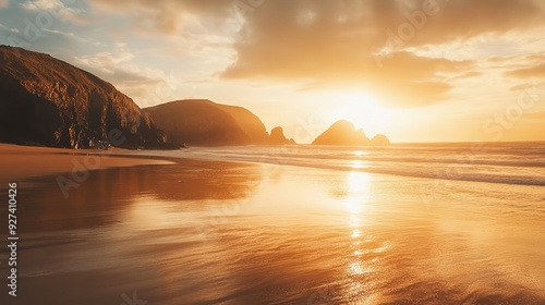 absolutely beautiful landscape images of holywell bay beach in cornwall uk during golden hojur sunset in spring