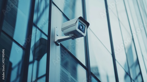 A sleek CCTV camera mounted on the exterior wall of a modern corporate building, monitoring the surroundings