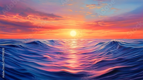 a vibrant ocean scene at sunset capturing the warm glow of the sun over the rippling water and the gentle transition from day to night