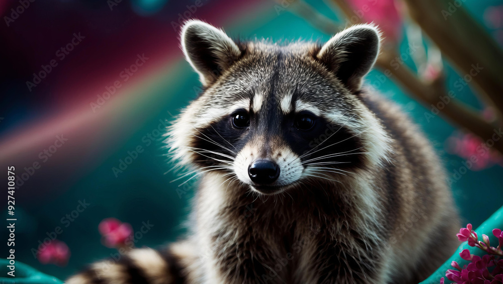 Raccoon curiously gazes in colorful synthwave environment Raccoon curiously gazes in colorful synthwave environment