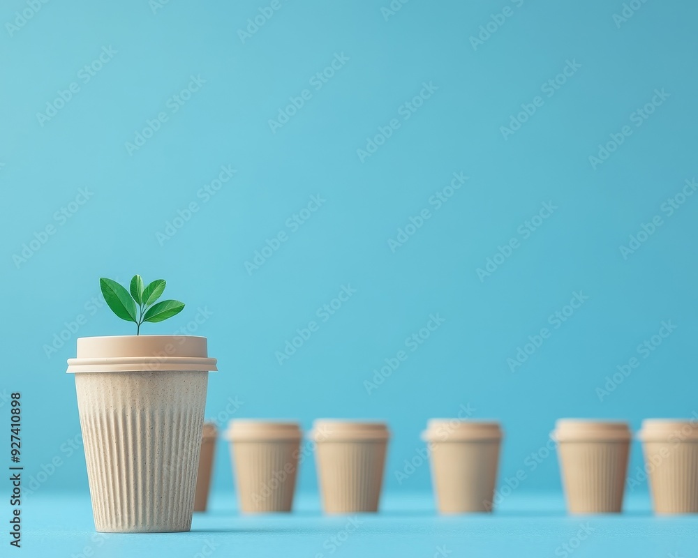 Obraz premium A creative concept featuring a plant sprouting from a coffee cup, symbolizing growth and sustainability in business.