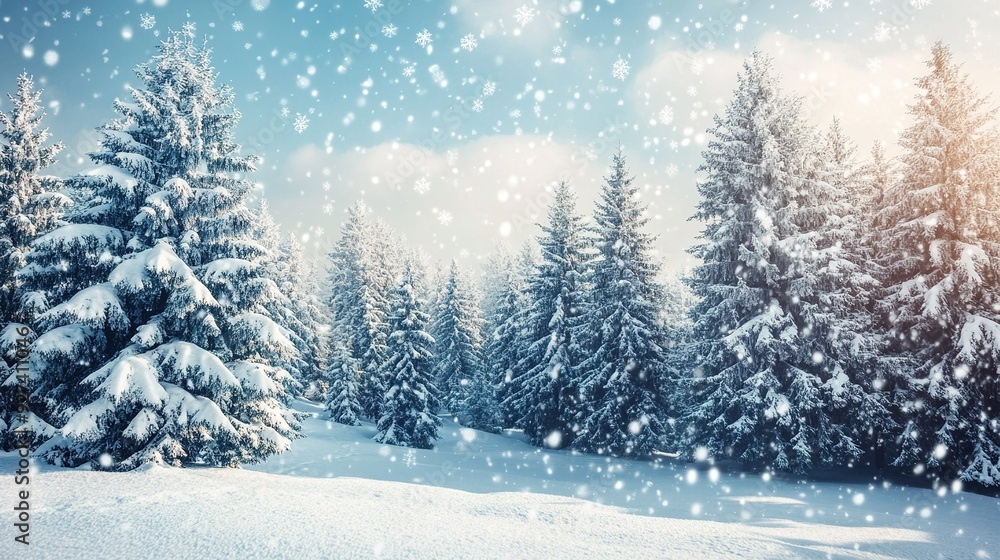Fototapeta premium Snowfall blankets evergreen trees in a serene winter landscape at dawn