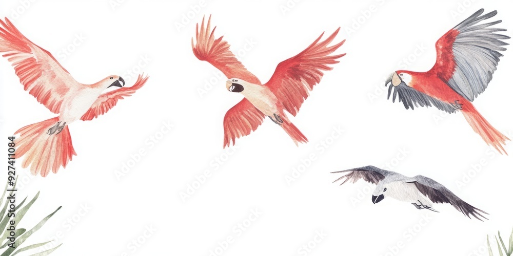 Obraz premium Ethereal Watercolor Birds in Flight, Illustrative Art with a Minimalist Aesthetic, Inspired by Pierre-Joseph Redouté's Style