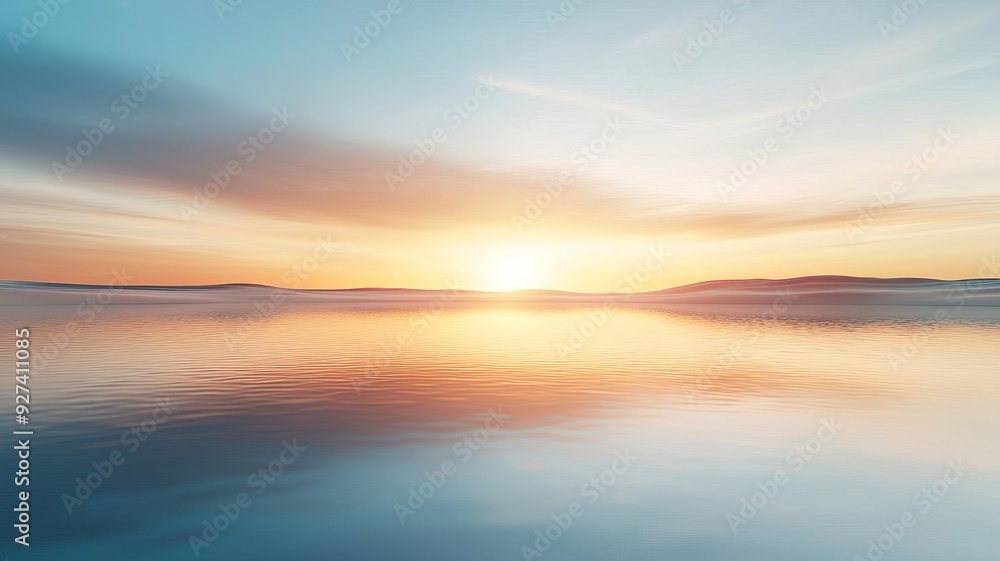 Serene landscape featuring a calm lake reflecting a vibrant sunset with soft clouds drifting across the sky. Serene landscape featuring a calm lake reflecting a vibrant sunset with soft clouds drifting across the sky.