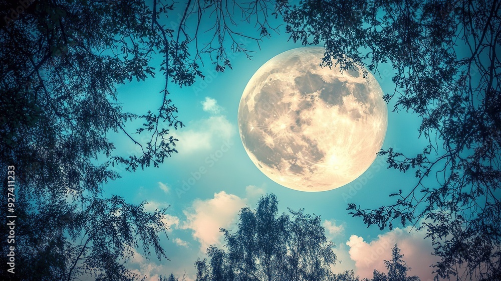 Naklejka premium Full moon glows bright in a clear night sky surrounded by tree branches and wispy clouds