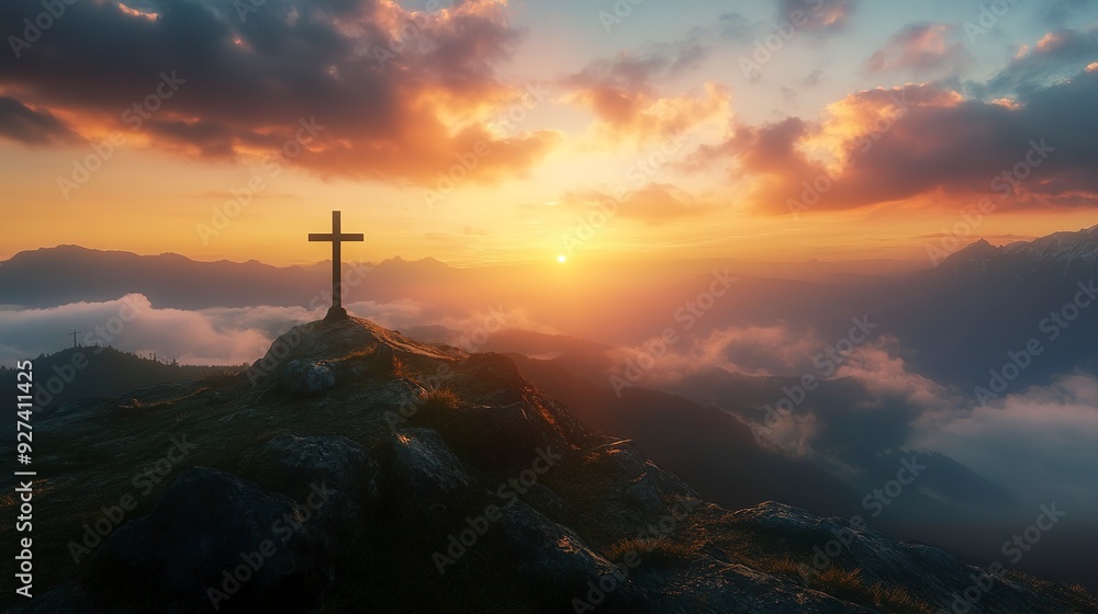 Mountain with a cross in landscape with a sunset Mountain with a cross in landscape with a sunset