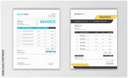 Modern business-type invoice template set. Clean invoice template design. Invoice template layout
