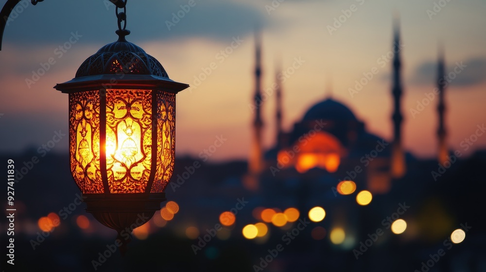 A traditional lantern illuminates the foreground, with a mosque softly blurred in the background, perfect for Ramadan. A traditional lantern illuminates the foreground, with a mosque softly blurred in the background, perfect for Ramadan.