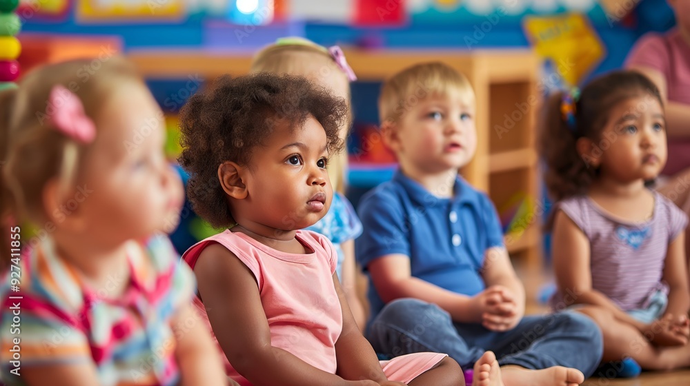 Preschool children learning in classroom, diverse kindergarten kids listening to teacher, education concept Preschool children learning in classroom, diverse kindergarten kids listening to teacher, education concept