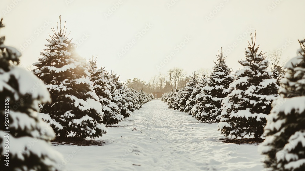 Snow-covered rows of evergreen trees during winter at a tree farm at sunset Snow-covered rows of evergreen trees during winter at a tree farm at sunset
