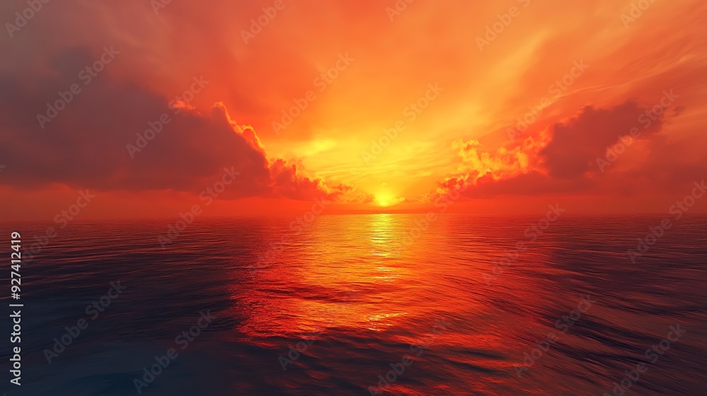 Fototapeta premium At dusk, the sky turns red and orange. The blue sea blends into the horizon, creating a sunny and beautiful landscape at dawn. 
