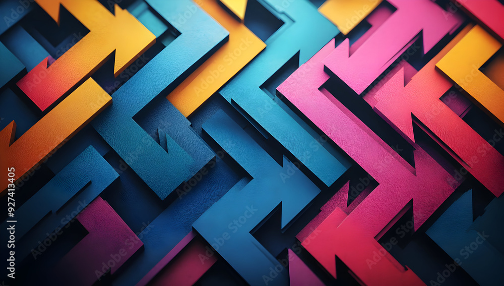 Vibrant abstract background featuring dynamic zigzag patterns in blue, pink, and yellow hues for creative projects. Vibrant abstract background featuring dynamic zigzag patterns in blue, pink, and yellow hues for creative projects.
