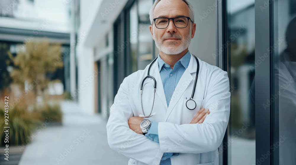 A senior male doctor standing confidently outside a clinic, arms crossed, representing experience and trust in healthcare. A senior male doctor standing confidently outside a clinic, arms crossed, representing experience and trust in healthcare.
