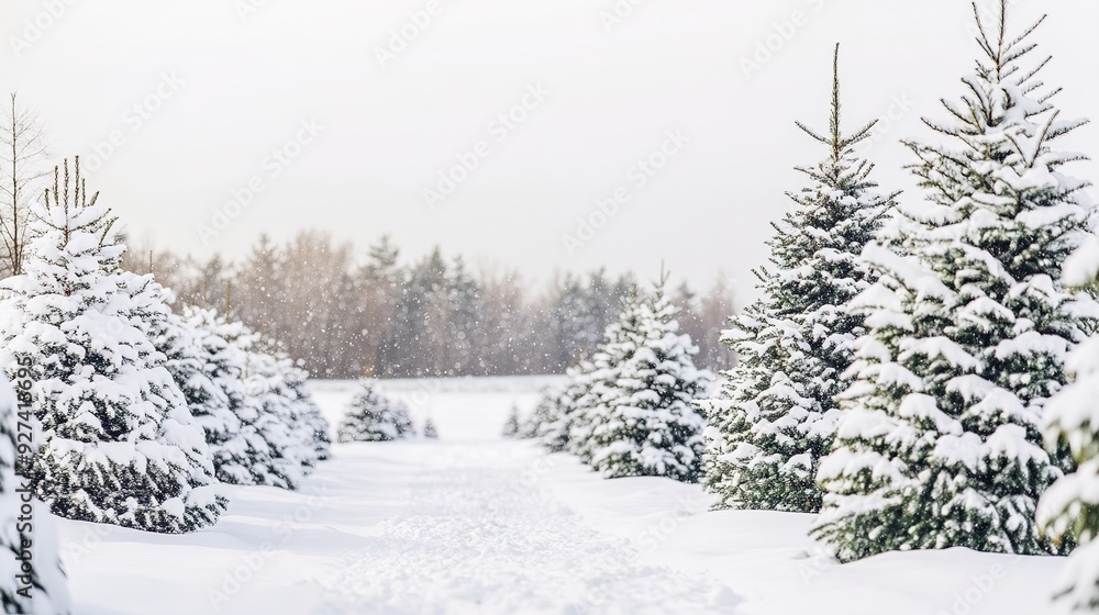 Snow-covered path through evergreen trees in a winter landscape during snowfall Snow-covered path through evergreen trees in a winter landscape during snowfall