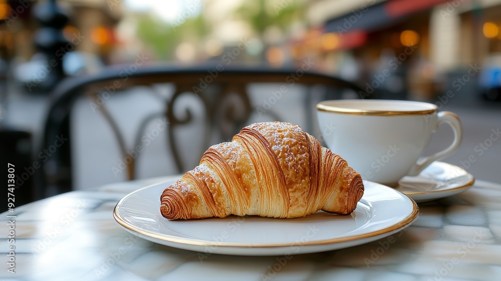 Scrumptious croissant and coffee on a parisian sidewalk cafe table in the heart of the city Scrumptious croissant and coffee on a parisian sidewalk cafe table in the heart of the city