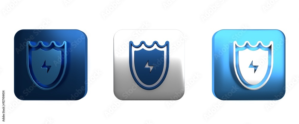 Colorful Lightning and shield icon isolated on white background. High voltage shield. Safe energy. Square button. 3D render illustration Colorful Lightning and shield icon isolated on white background. High voltage shield. Safe energy. Square button. 3D render illustration