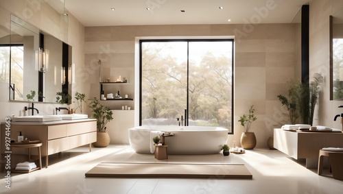 a bathroom with a large window looking out onto a garden