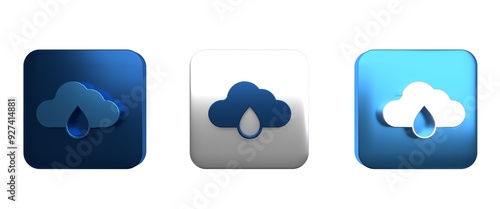 Colorful Cloud with rain icon isolated on white background. Rain cloud precipitation with rain drops. Square button. 3D render illustration photo